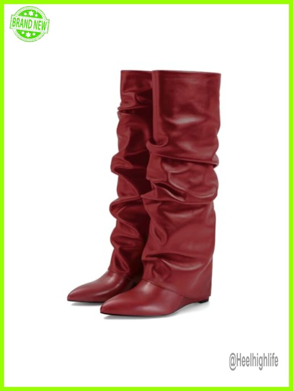 Fold Over Knee High Boots Slouch Wedge Heel Pull-On Pointed Toe Wide Calf